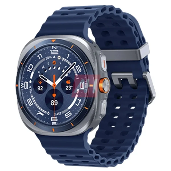A leaked render of the next Galaxy Watch Ultra in blue with a rugged strap and a large squircle design.
